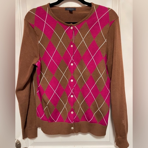 Lands' End Sweaters - Lands’ End Argyle Cardigan Sweater Brown & Pink Preppy Grandpacore Office Medium